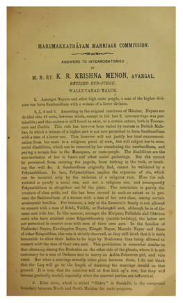 M. R Ry. K. R. Krishna Menon, Avargal, Retired Sub-Judge, Walluvanad Taluk