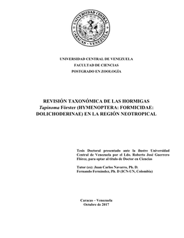 REVISIÓN TAXONÓMICA DE LAS HORMIGAS Tapinoma Förster (HYMENOPTERA: FORMICIDAE: DOLICHODERINAE) EN LA REGIÓN NEOTROPICAL