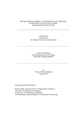 Bovine Benefactories: an Examination of the Role of Religion in Cow Sanctuaries Across the United States