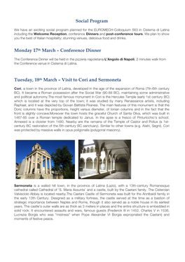 Social Program Monday 17Th March – Conference Dinner Tuesday