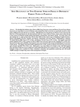 Site Occupancy of Two Endemic Stream Frogs in Different Forest Types in Pakistan