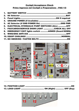 Cockpit Acceptance Check Primo Ingresso Nel Cockpit E Preparazione – PAG 1/2 1. BATTERY SWITCH