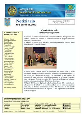 Notiziario Anno Rotariano 2012 / 2013 Presidente: Elio Tomasoni N° 8 Del 01 Ott