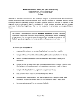 North Central Florida Hospice, Inc. D/B/A Haven (Haven) CODE of ETHICAL BUSINESS CONDUCT Preface the Code of Ethical Business C