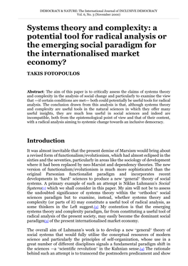 Systems Theory and Complexity: a Potential Tool for Radical Analysis Or the Emerging Social Paradigm for the Internationalised Market Economy?