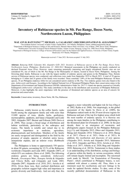 Inventory of Rubiaceae Species in Mt. Pao Range, Ilocos Norte, Northwestern Luzon, Philippines