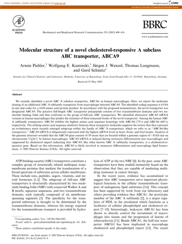 Molecular Structure of a Novel Cholesterol-Responsive a Subclass ABC Transporter, ABCA9