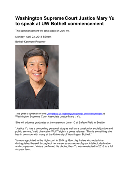 Washington Supreme Court Justice Mary Yu to Speak at UW Bothell Commencement