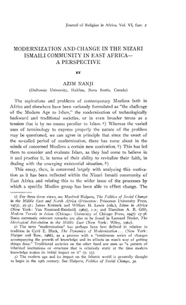 Modernization and Change in the Nizari Ismaili Community in East Africa- a Perspective