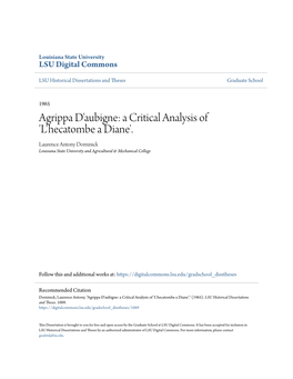 Agrippa D'aubigne: a Critical Analysis of 'L'hecatombe a Diane'