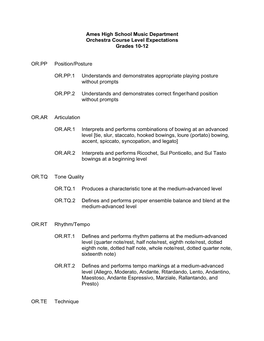 Ames High School Music Department Orchestra Course Level Expectations Grades 10-12 OR.PP Position/Posture OR.PP.1 Understands An