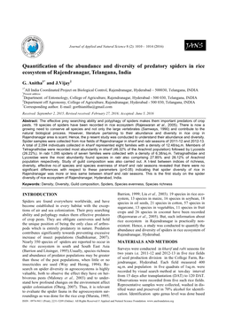 Quantification of the Abundance and Diversity of Predatory Spiders in Rice Ecosystem of Rajendranagar, Telangana, India