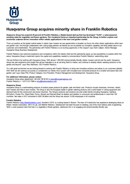 Husqvarna Group Acquires Minority Share in Franklin Robotics