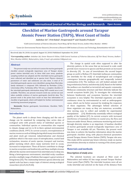 Checklist of Marine Gastropods Around Tarapur Atomic Power Station (TAPS), West Coast of India Ambekar AA1*, Priti Kubal1, Sivaperumal P2 and Chandra Prakash1