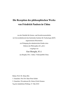 Die Rezeption Des Philosophischen Werks Von Friedrich Paulsen in China