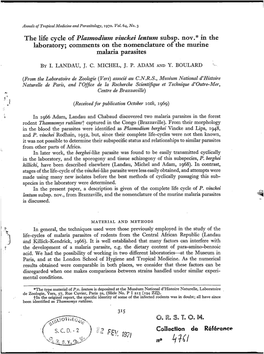 The Life Cycle of Plasmodium Vinckei Lentum Subsp. Nov. in the Laboratory