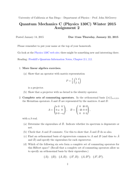 Quantum Mechanics C (Physics 130C) Winter 2015 Assignment 2