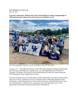 University of Kentucky Wildcats Win USEA Intercollegiate Eventing Championships at VHT International, Auburn University Earns Coveted Spirit Award