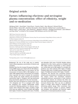 Original Article Factors Influencing Efavirenz and Nevirapine Plasma Concentration: Effect of Ethnicity, Weight and Co-Medication