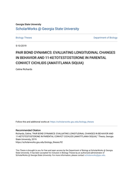 Evaluating Longitudinal Changes in Behavior and 11-Ketotestosterone in Parental Convict Cichlids (Amatitlania Siquia)