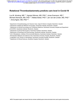 Rotational Thromboelastometry Predicts Care Level in Covid-19