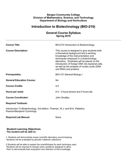 BIO-210 Introduction to Biotechnology