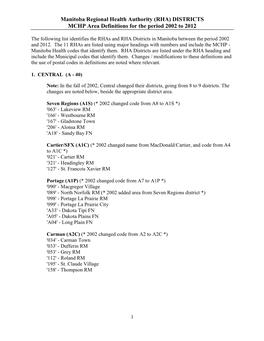 Manitoba Regional Health Authority (RHA) DISTRICTS MCHP Area Definitions for the Period 2002 to 2012