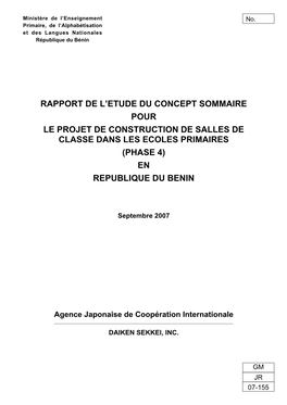 Rapport De L'etude Du Concept Sommaire Pour Le Projet De Construction De Salles De Classe Dans Les Ecoles Primaires (Phase 4)