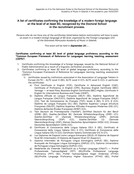 A List of Certificates Confirming the Knowledge of a Modern Foreign Language at the Level of at Least B2, Recognized by the Doctoral School in the Recruitment Process