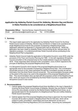Application by Adderley Parish Council for Adderley, Moreton Say and Norton in Hales Parishes to Be Considered As a Neighbourhood Area