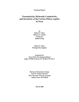 Transmissivity, Hydraulic Conductivity, and Storativity of the Carrizo-Wilcox Aquifer in Texas