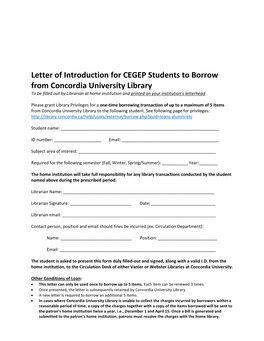 Letter of Introduction for CEGEP Students to Borrow from Concordia