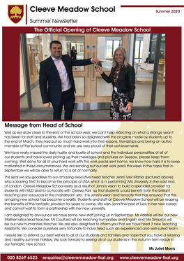 Cleeve Meadow School Summer 2020 Summer Newsletter the Official Opening of Cleeve Meadow School