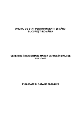 Cereri De Înregistrare Marcă Depuse În Data De 05/02/2020