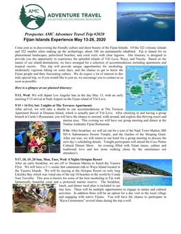 Prospectus AMC Adventure Travel Trip #2020 Fijian Islands Experience May 13-26, 2020