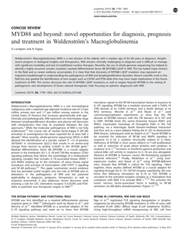 MYD88 and Beyond: Novel Opportunities for Diagnosis, Prognosis and Treatment in Waldenstro¨M’S Macroglobulinemia