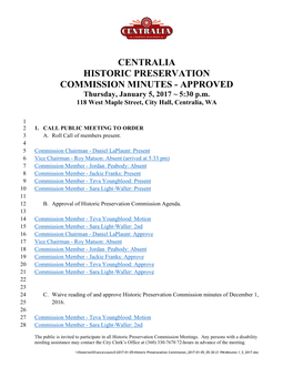 CENTRALIA HISTORIC PRESERVATION COMMISSION MINUTES - APPROVED Thursday, January 5, 2017 ~ 5:30 P.M