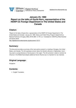 January 23, 1980 Report on the Talks of Gyula Horn, Representative of the HSWP CC Foreign Department in the United States and Canada