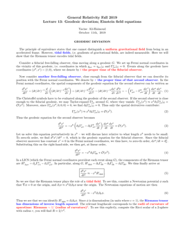 General Relativity Fall 2019 Lecture 13: Geodesic Deviation; Einstein ﬁeld Equations