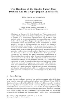 The Hardness of the Hidden Subset Sum Problem and Its Cryptographic Implications