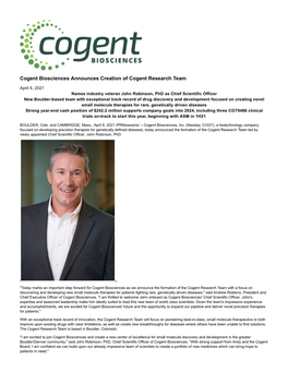 Cogent Biosciences Announces Creation of Cogent Research Team