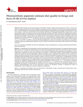 Photosynthetic Pigments Estimate Diet Quality in Forage and Feces of Elk (Cervus Elaphus) D