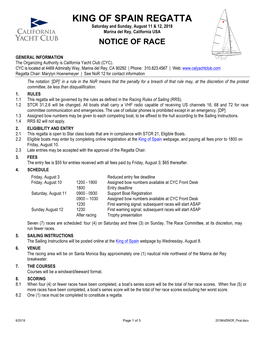 KING of SPAIN REGATTA Saturday and Sunday, August 11 & 12, 2018 Marina Del Rey, California USA NOTICE of RACE