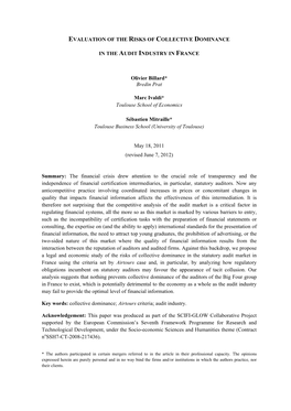 EVALUATION of the RISKS of COLLECTIVE DOMINANCE in the AUDIT INDUSTRY in FRANCE Olivier Billard* Bredin Prat Marc Ivaldi* Toulou