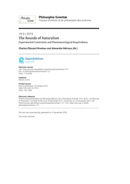 Philosophia Scientiæ, 19-3 | 2015, « the Bounds of Naturalism » [Online], Online Since 03 November 2017, Connection on 10 November 2020