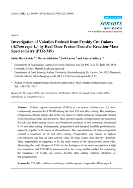 Investigation of Volatiles Emitted from Freshly Cut Onions (Allium Cepa L.) by Real Time Proton-Transfer Reaction-Mass Spectrometry (PTR-MS)