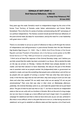 SOMALIA at SIXTY (PART 1) Brief Historical Reflections, 1960-69 by Aweys Omar Mohamoud, Phd 26 June 2020