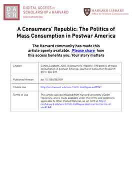 A Consumers' Republic: the Politics of Mass Consumption in Postwar