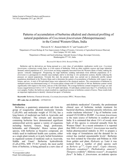 Patterns of Accumulation of Berberine Alkaloid and Chemical Profiling of Natural Populations of Coscinium Fenestratum