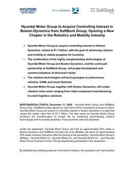 Hyundai Motor Group to Acquire Controlling Interest in Boston Dynamics from Softbank Group, Opening a New Chapter in the Robotics and Mobility Industry